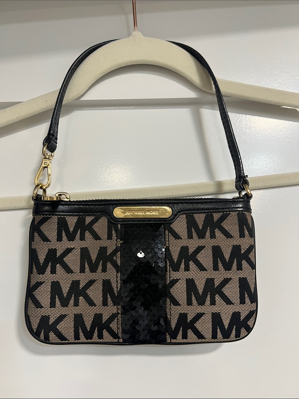Michael Kors Black and Brown Logo Mini Shoulder Bag with Sequin Stripe